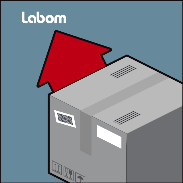 Illustration of a parcel, with an arrow pointing to Labom.