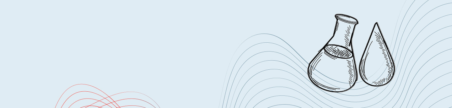 Auf dem Bild ist ein blauer Hintergrund mit verschiedenfarbigen Wellen. Auf der rechten Seite ist ein Reagenzglas.