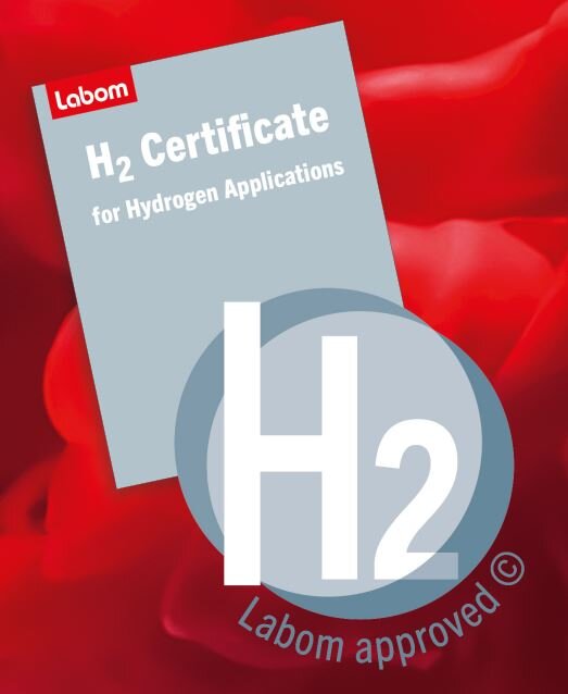 Zertifikat zur H2-Beständigkeit und Labom Wasserstoff Siegel.