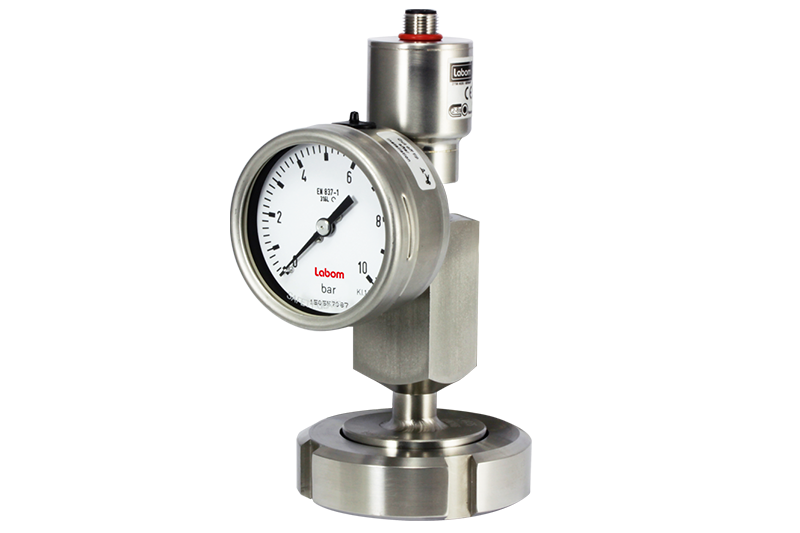 Combined measuring device consisting of an electronic pressure transmitter with a suitable diaphragm seal and a mechanical pressure gauge.